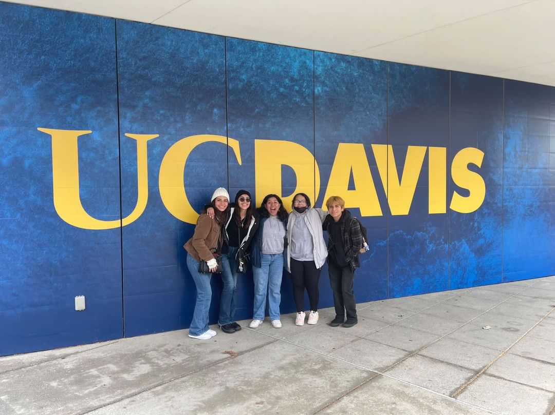 students in front of UC Davis mural