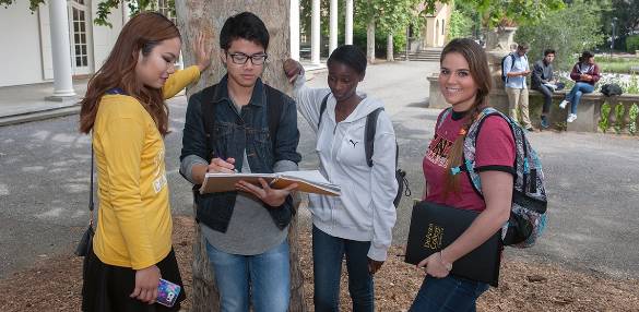 students looking over notebook